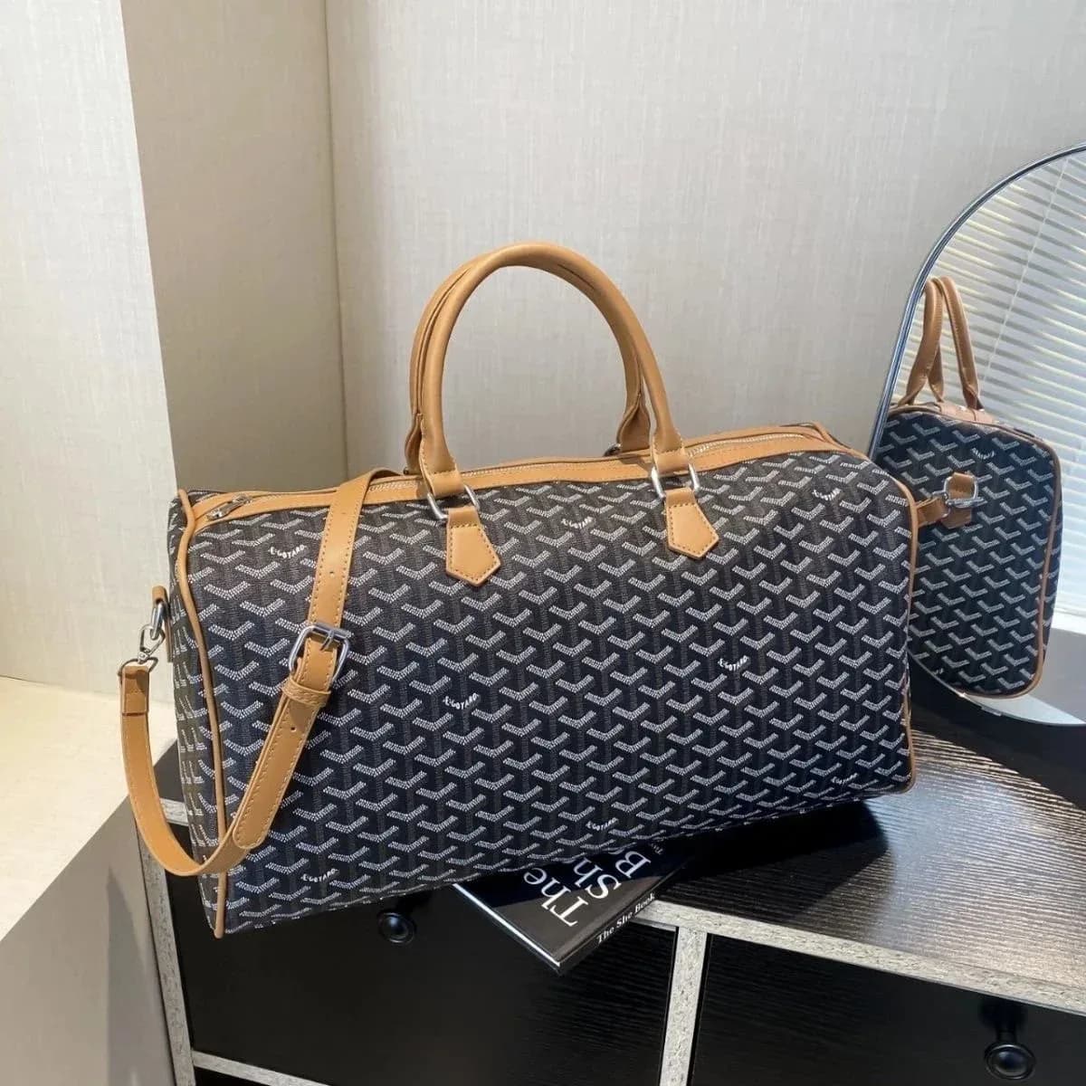Goyard Monogram Canvas Travel Duffle Bag Black/Tan