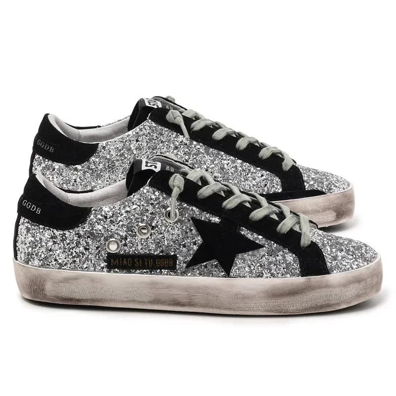 Golden Goose Super-Star Silver Glitter Black Star Sneakers