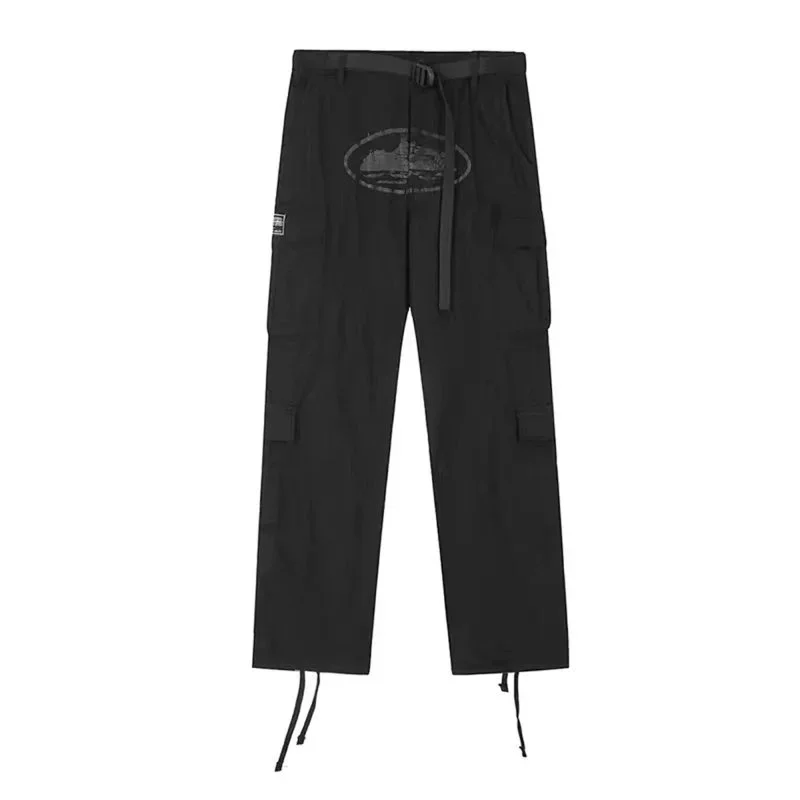 Black Cargo Pants with Distressed Logo