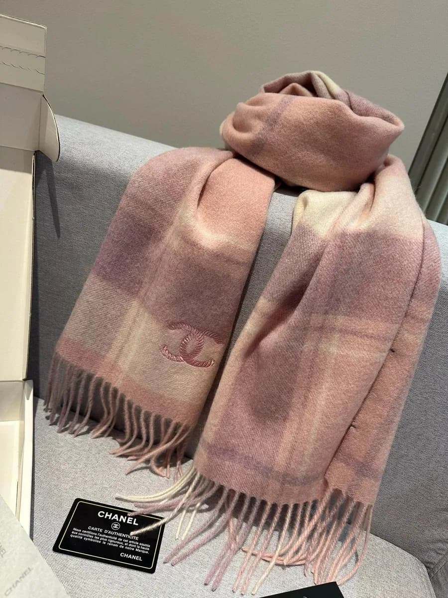 Chanel Plaid Scarf in Dusty Pink & Beige