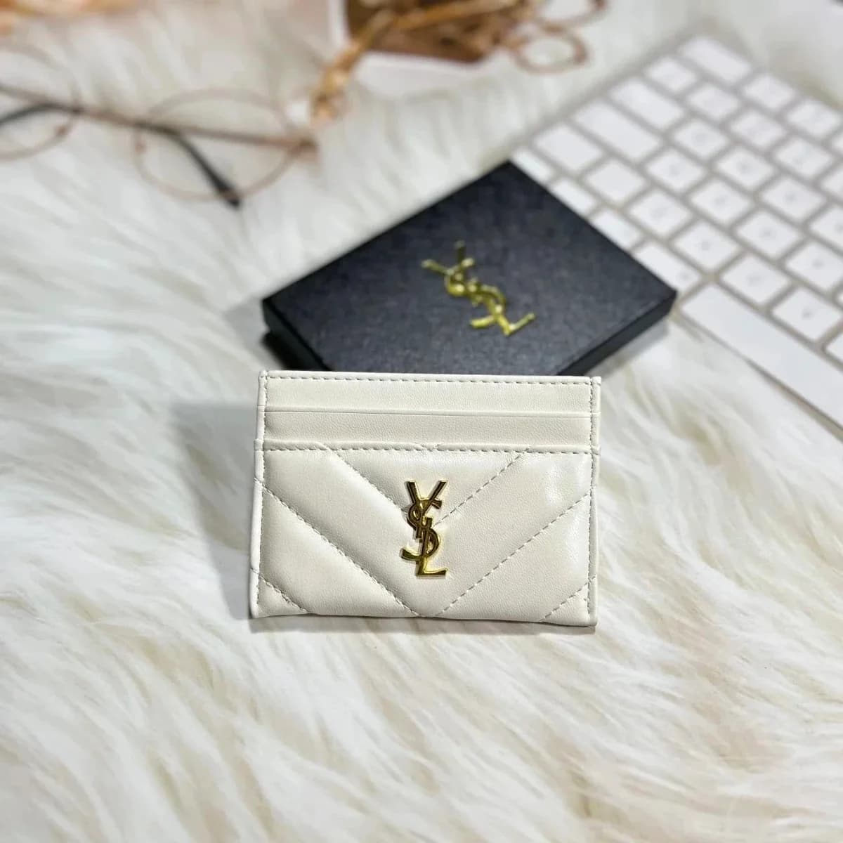 Saint Laurent YSL White Quilted Card Holder