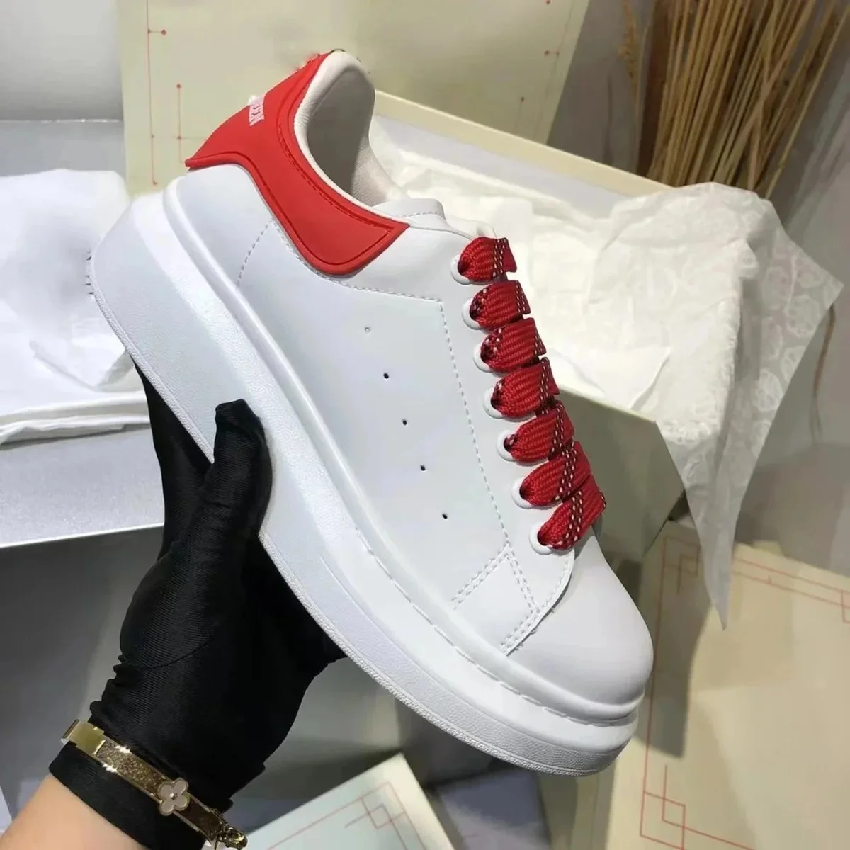 White Low-Top Sneakers with Red Heel and Oversized Sole