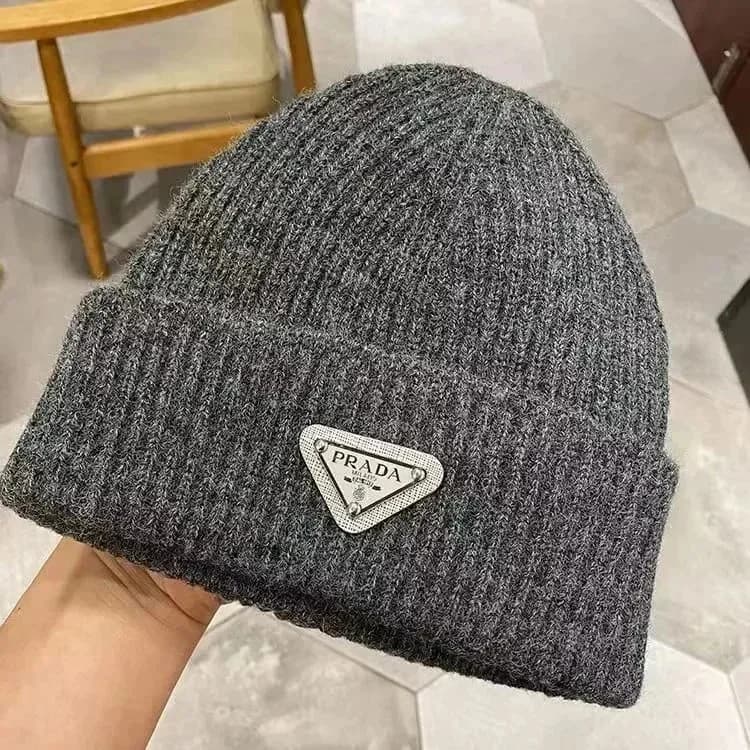 Prada Grey Logo Beanie Hat