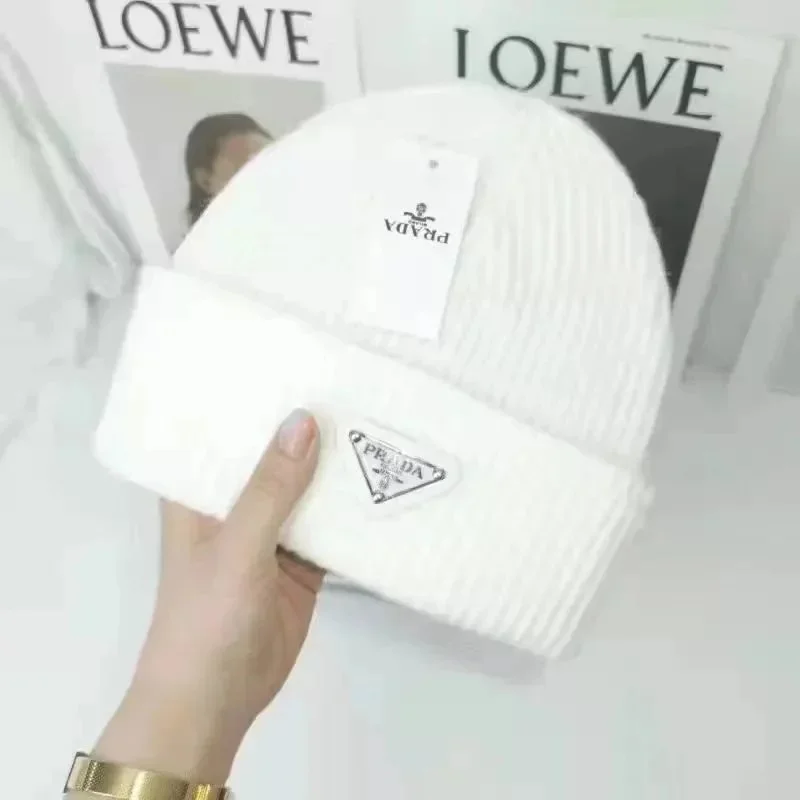 Prada White Logo Beanie Hat
