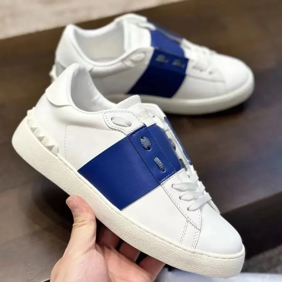 White and Navy Low-Top Sneakers with Stud Details