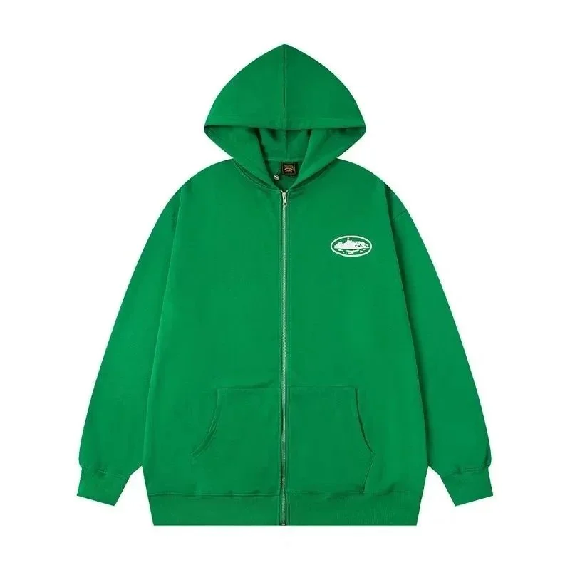 Green Zip-Up Hoodie with Embroidered Patch