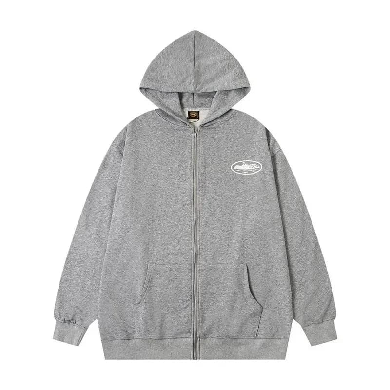Unisex Grey Solid Zip-Up Hoodie