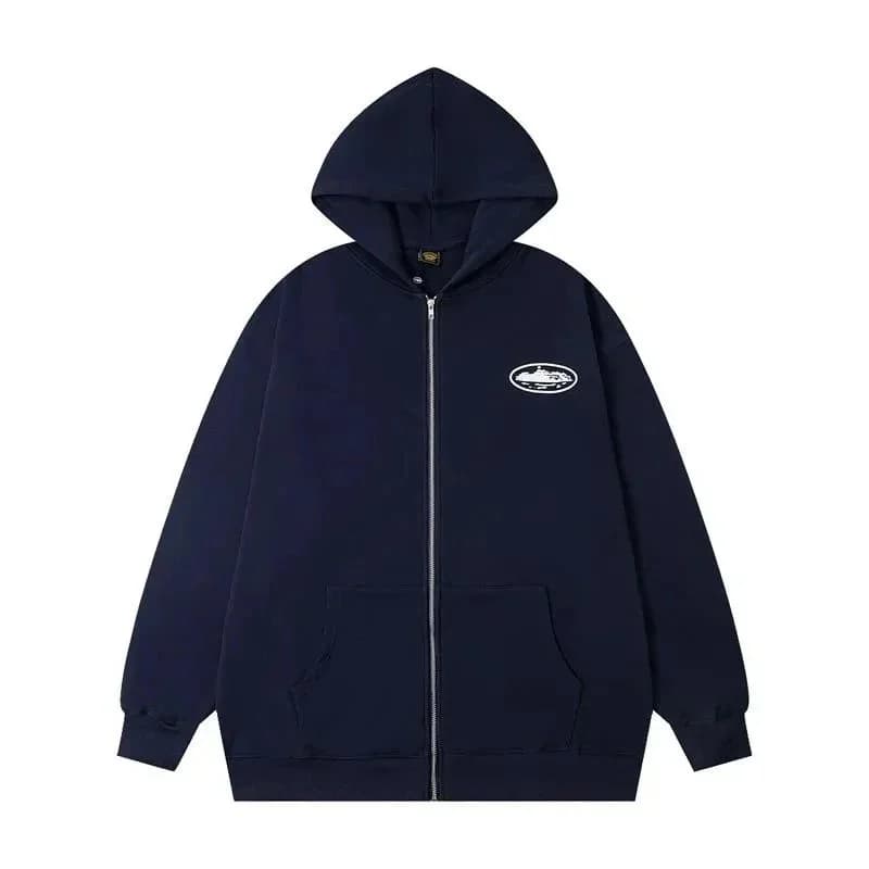 Navy Blue Zip-Up Hoodie with Embroidered Patch