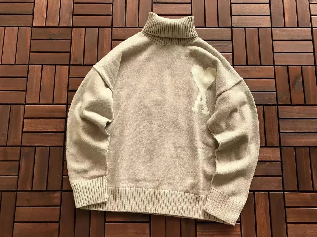 Ami Paris Ami de Coeur Beige Turtleneck Sweater