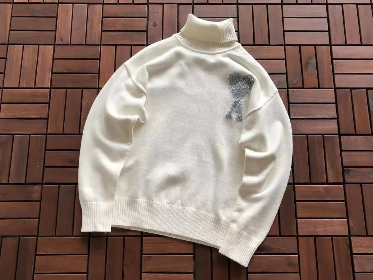 White Knit Turtleneck Sweater with Glitter Detail