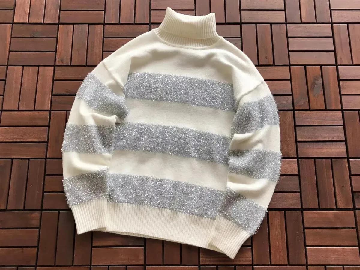 Striped Turtleneck Sweater in Cream and Silver