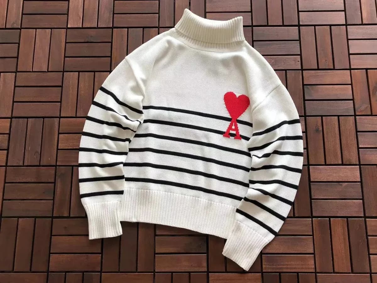 Ami Paris Striped Heart Turtleneck Sweater