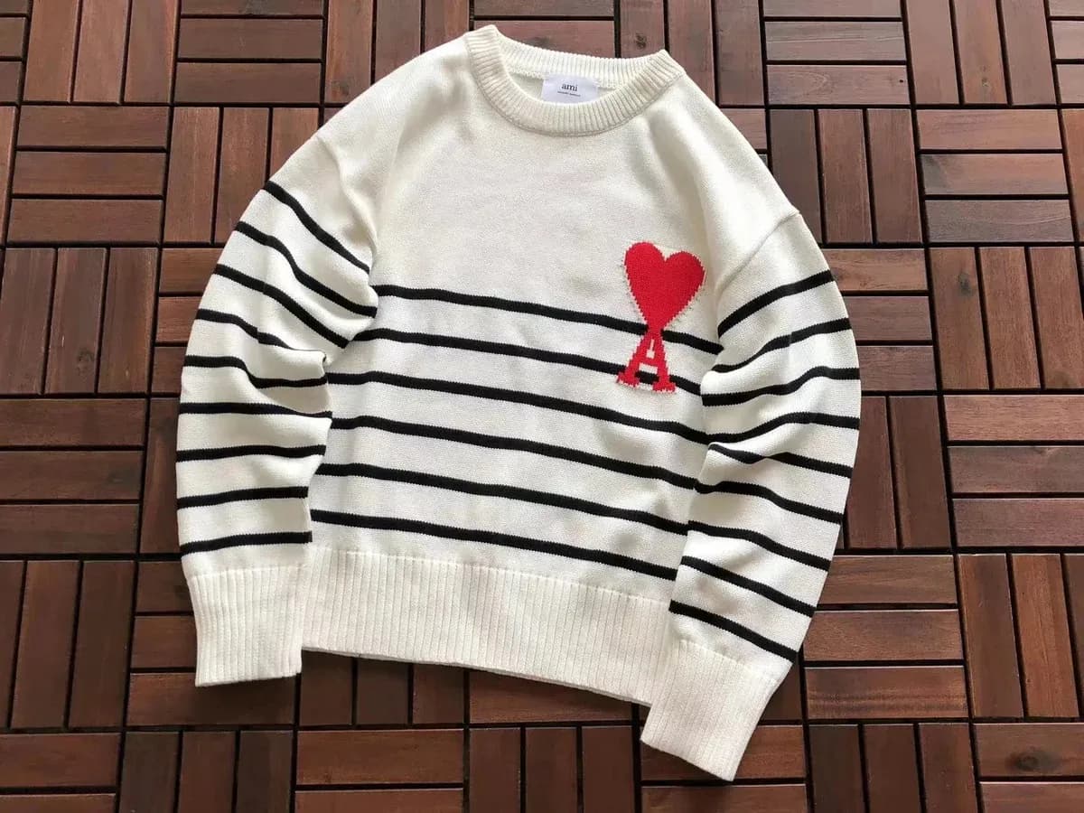AMI Ami de Coeur Striped Heart Sweater White/Black