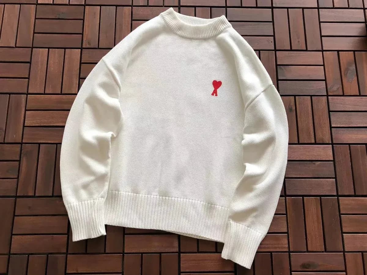 Ami Paris Ami de Coeur White Sweater with Red Heart Logo