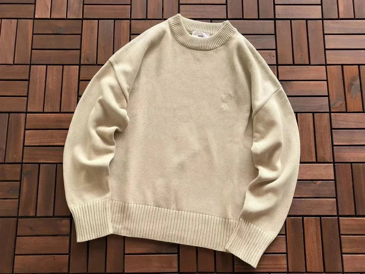 Ami Beige Sweater with Heart Logo Knitwear