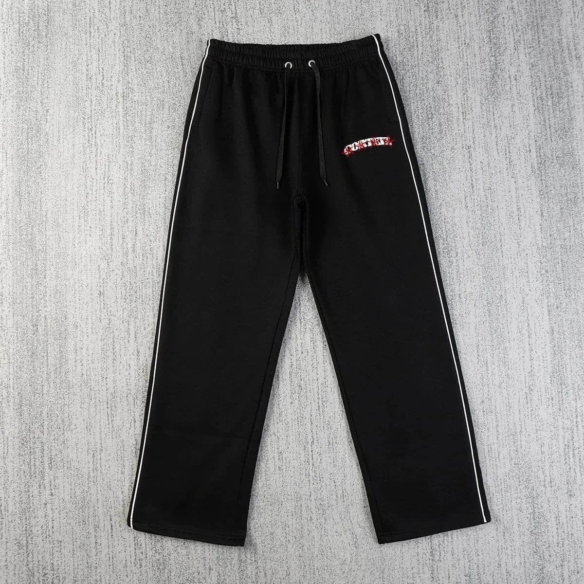 Black Track Pants with White Stripes and Embroidered Logo