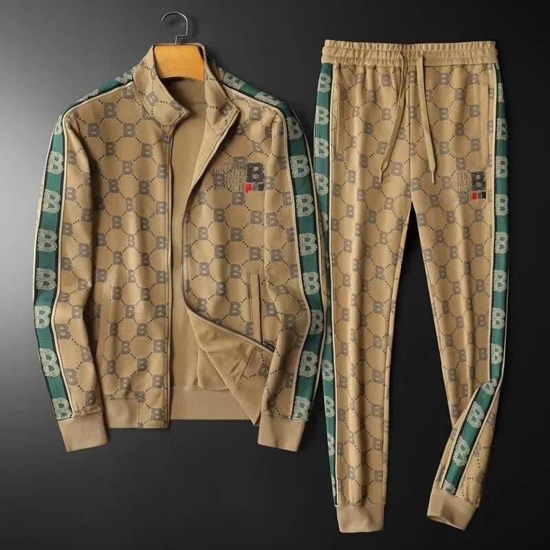 Tracksuit Set with Monogram Pattern in Beige and Green