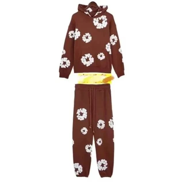 Tracksuit Set with Wreath Print in Brown and White